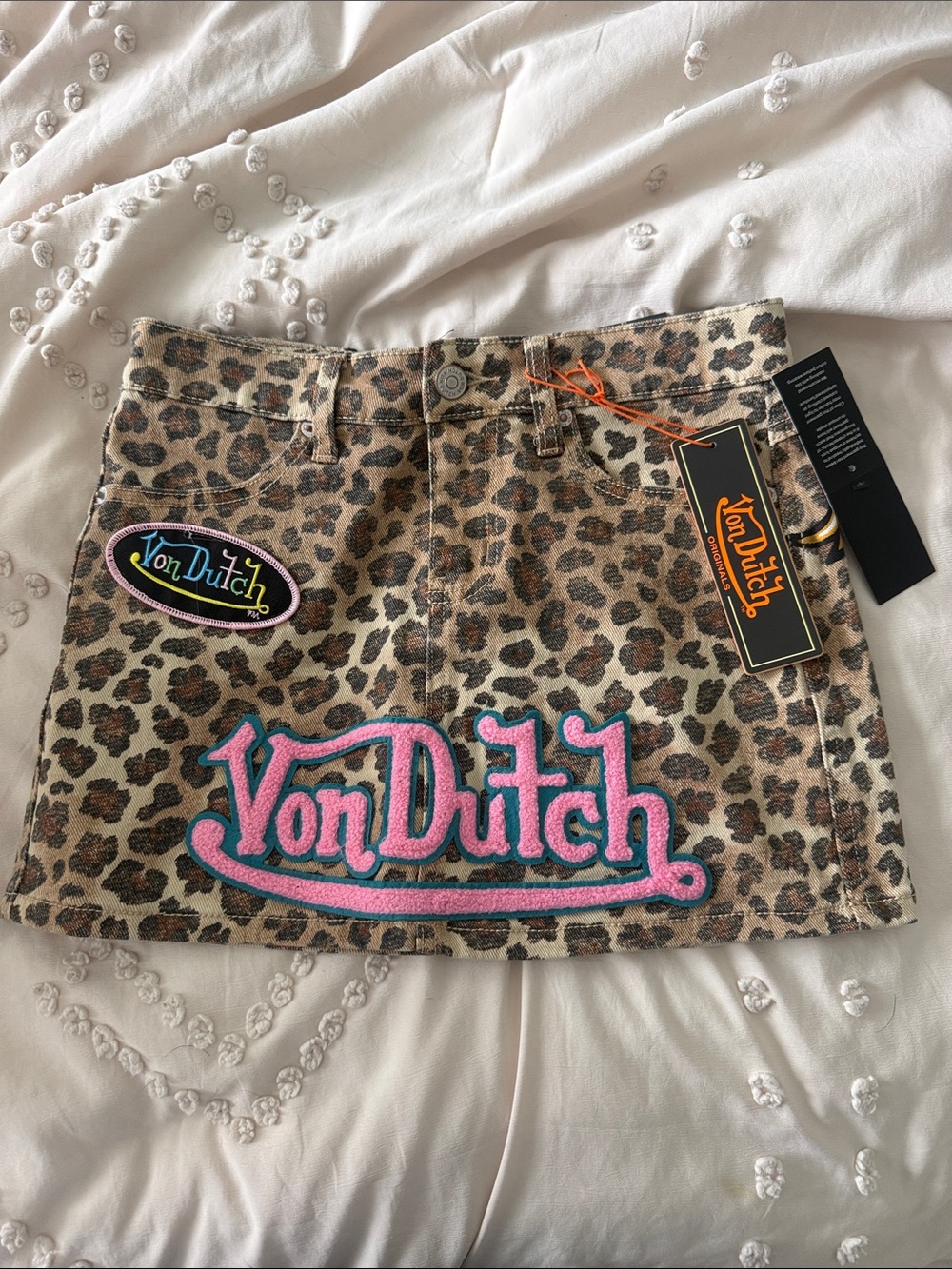 Von Dutch Leopard Print Mini Skirt with Pink & Turquoise Embroidery